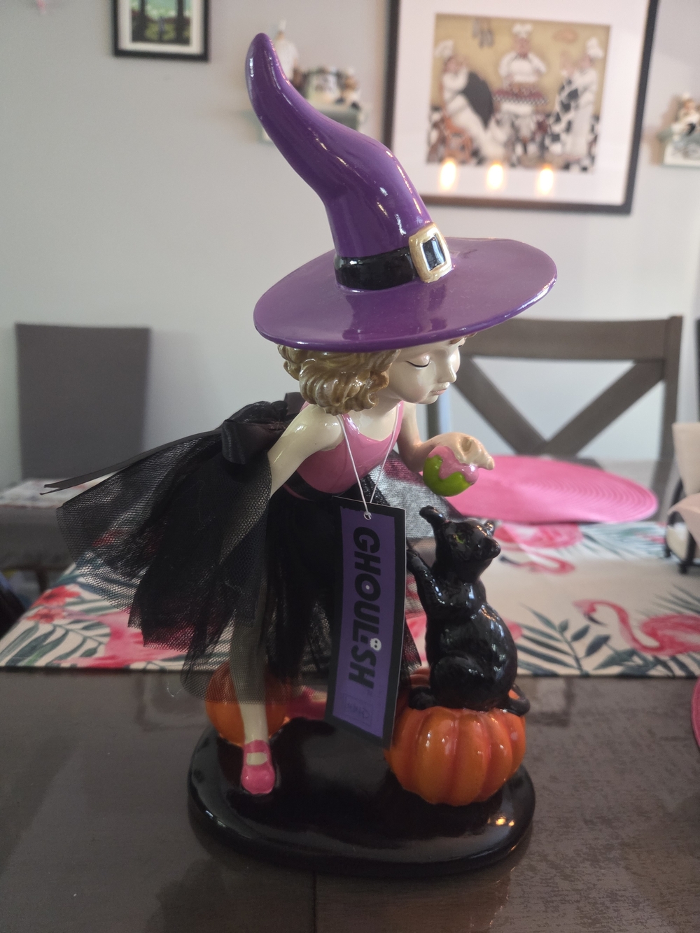 Ghoulish Witch Black Cat Pumpkin Candy Apple Statue Figurine Halloween